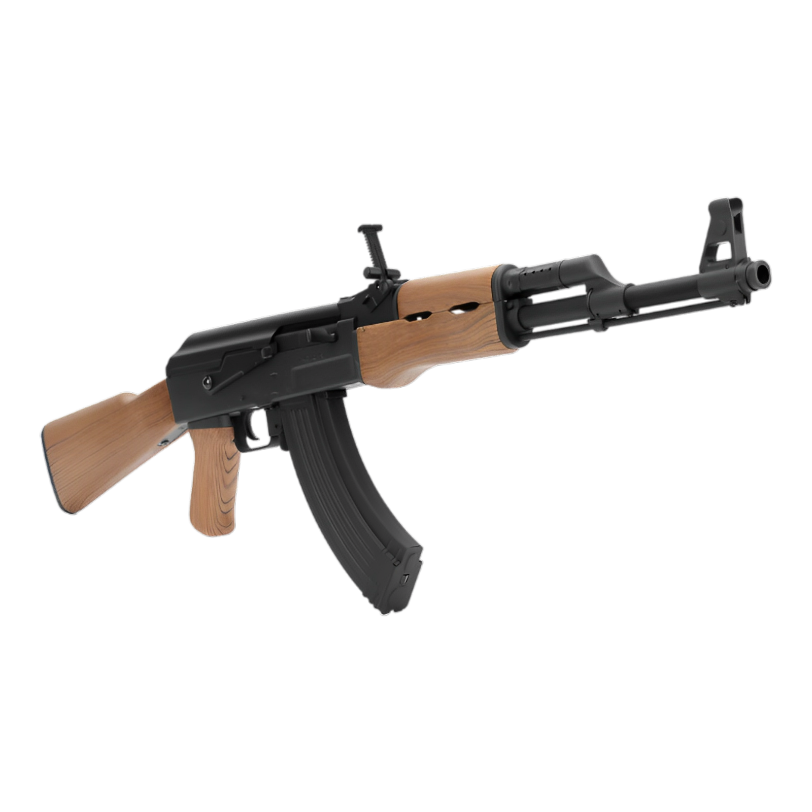 A Cyma AK47 gel blaster with a wood finish