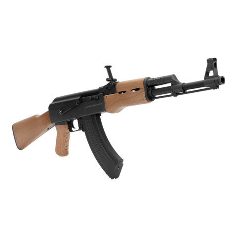 A Cyma AK47 gel blaster with a wood finish