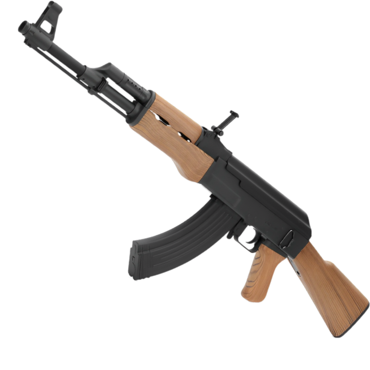 An AK47 gel blaster with a wood finish