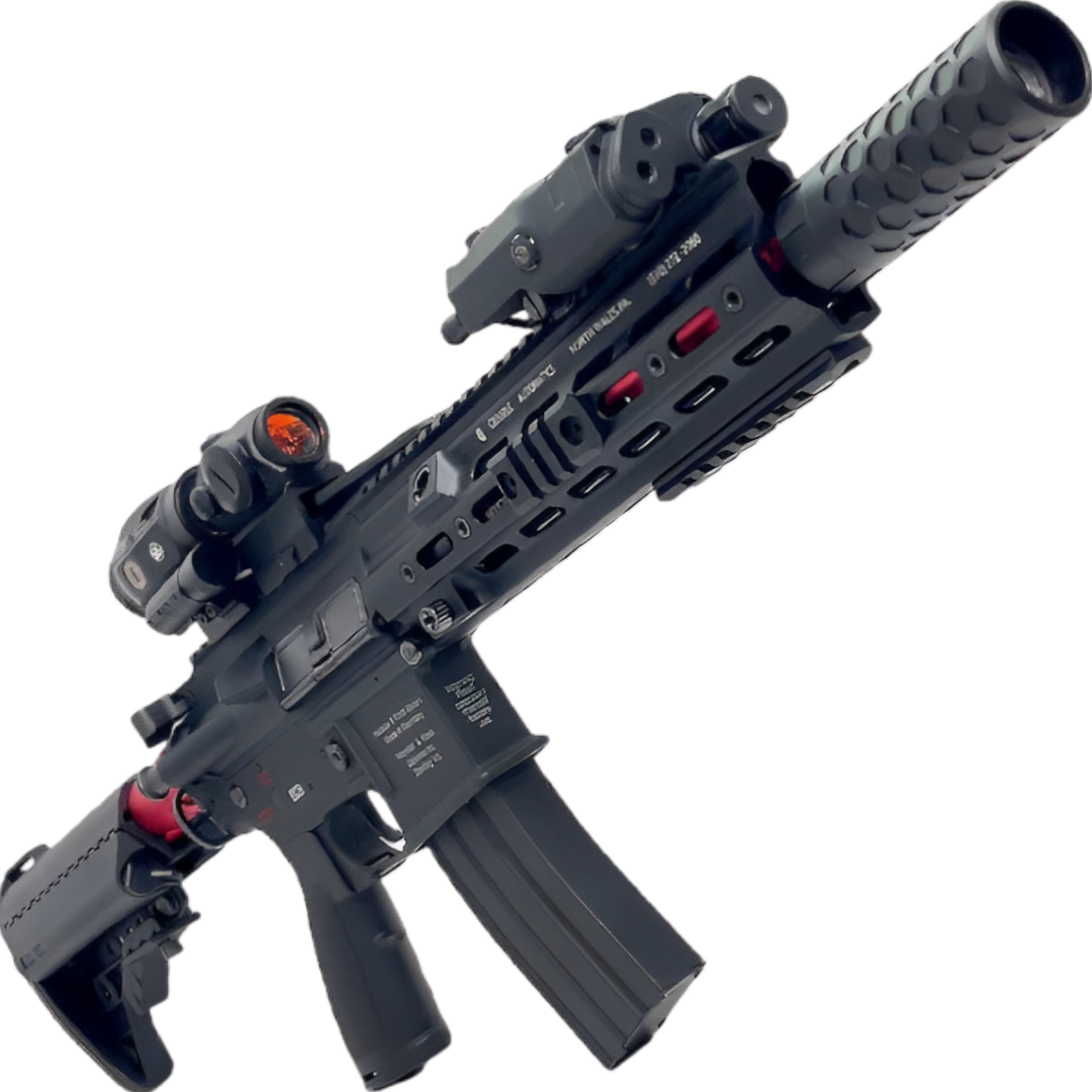 HK416D black gel blaster with tactical silencer and ergonomic handgrip.