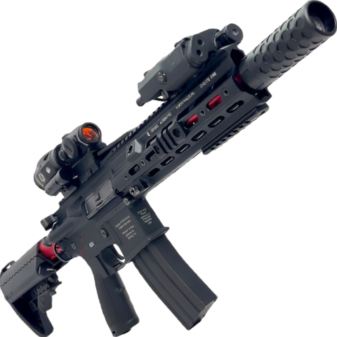 HK416D black gel blaster with tactical silencer and ergonomic handgrip.