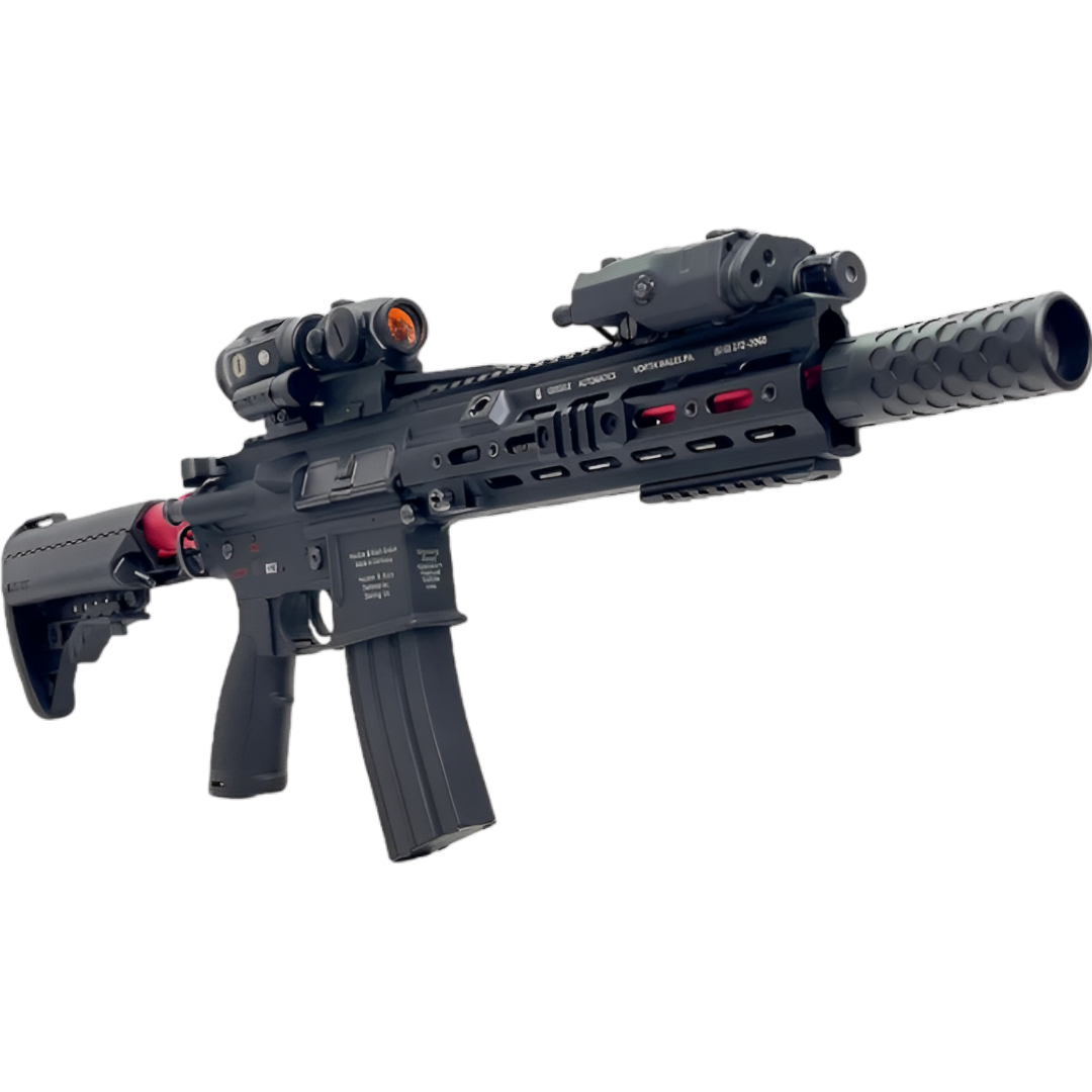 HK416D black gel blaster with silencer, holographic sight, and laser for tactical precision.