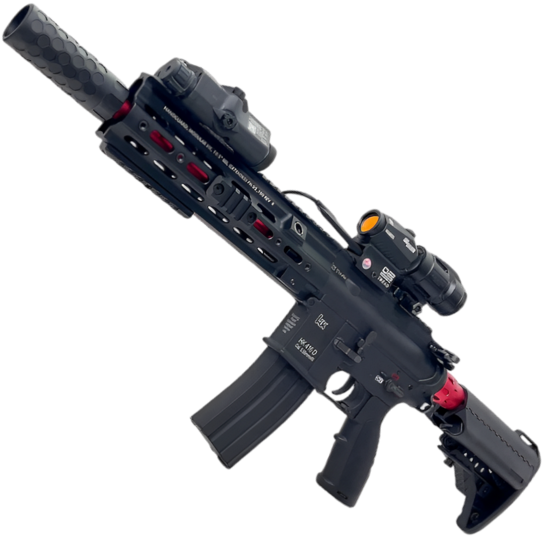 HK416D gel blaster with rechargeable 11.1v battery and USB charger.