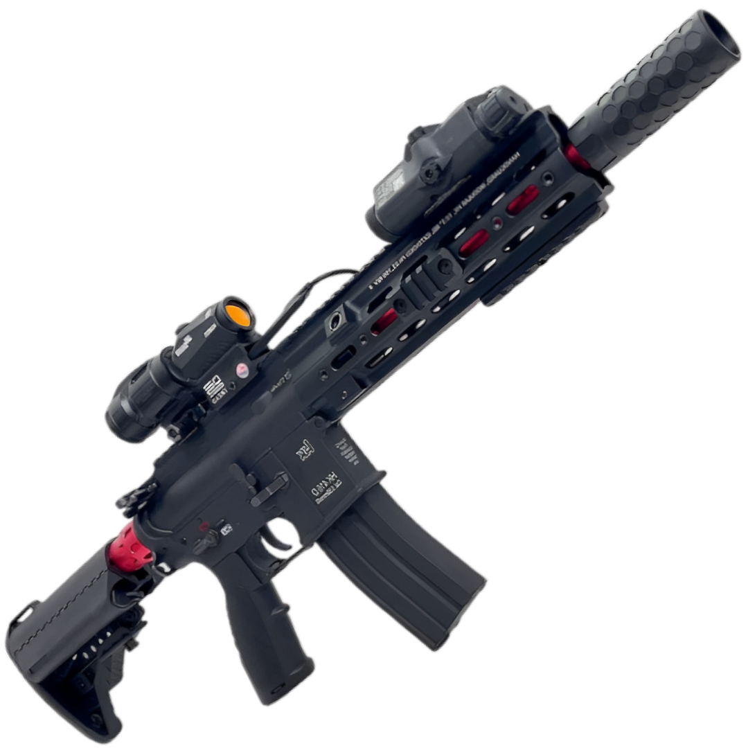 HK416D tactical gel blaster with laser sight and holographic aiming system.