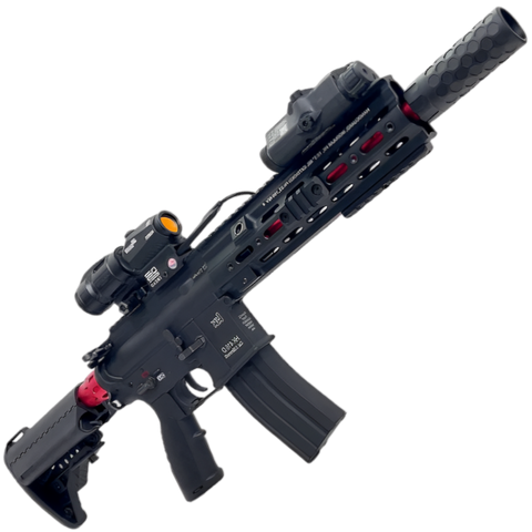 HK416D tactical gel blaster with laser sight and holographic aiming system.