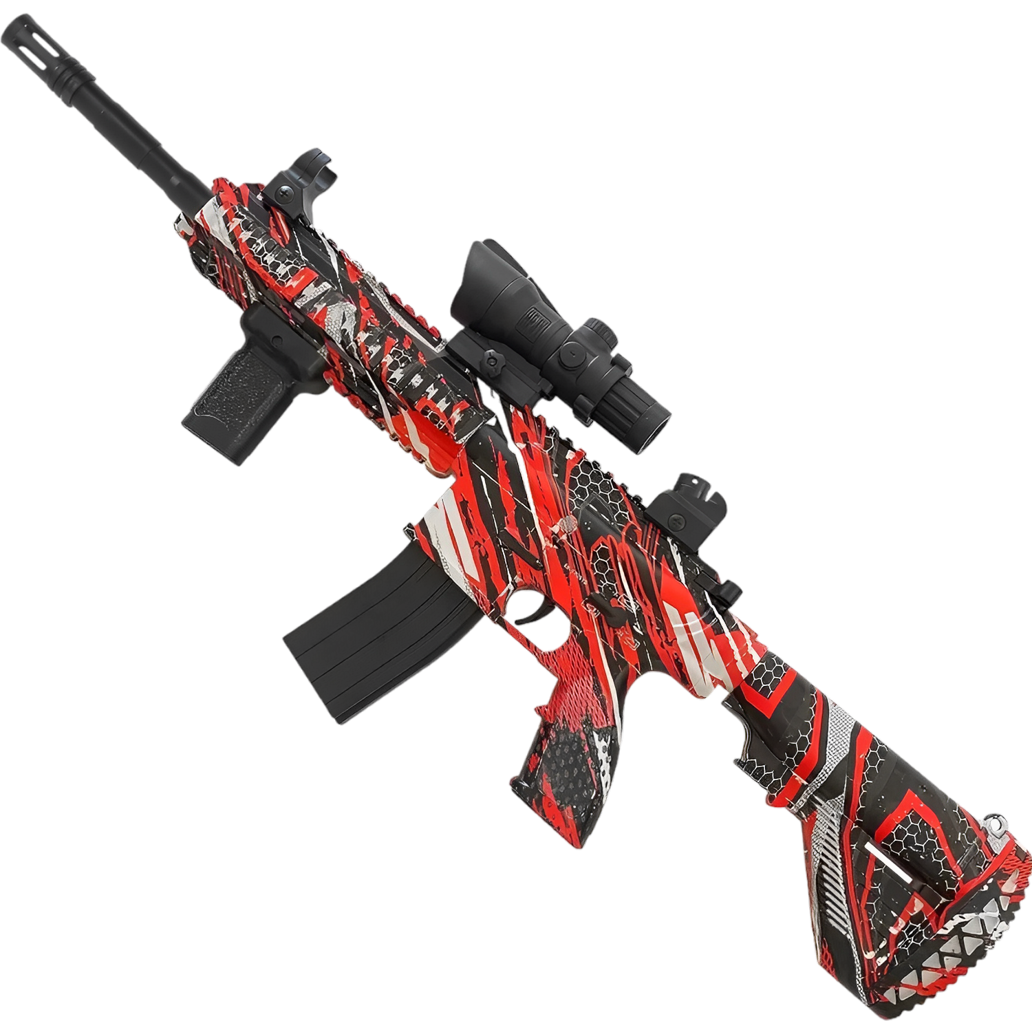 M416 Red Gel Blaster – Customizable electric blaster with auto/manual modes.