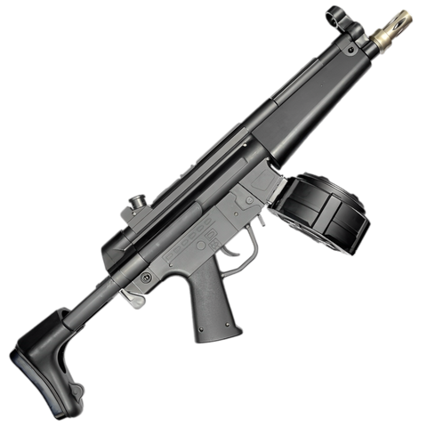 High-performance MP5 orby gun with 100-round magazine, nylon construction, and 35-meter range.