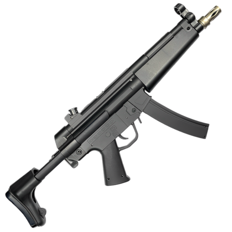 Black MP5 orby gun with 7.4v rechargeable battery, compact lightweight design, and 250 FPS power.