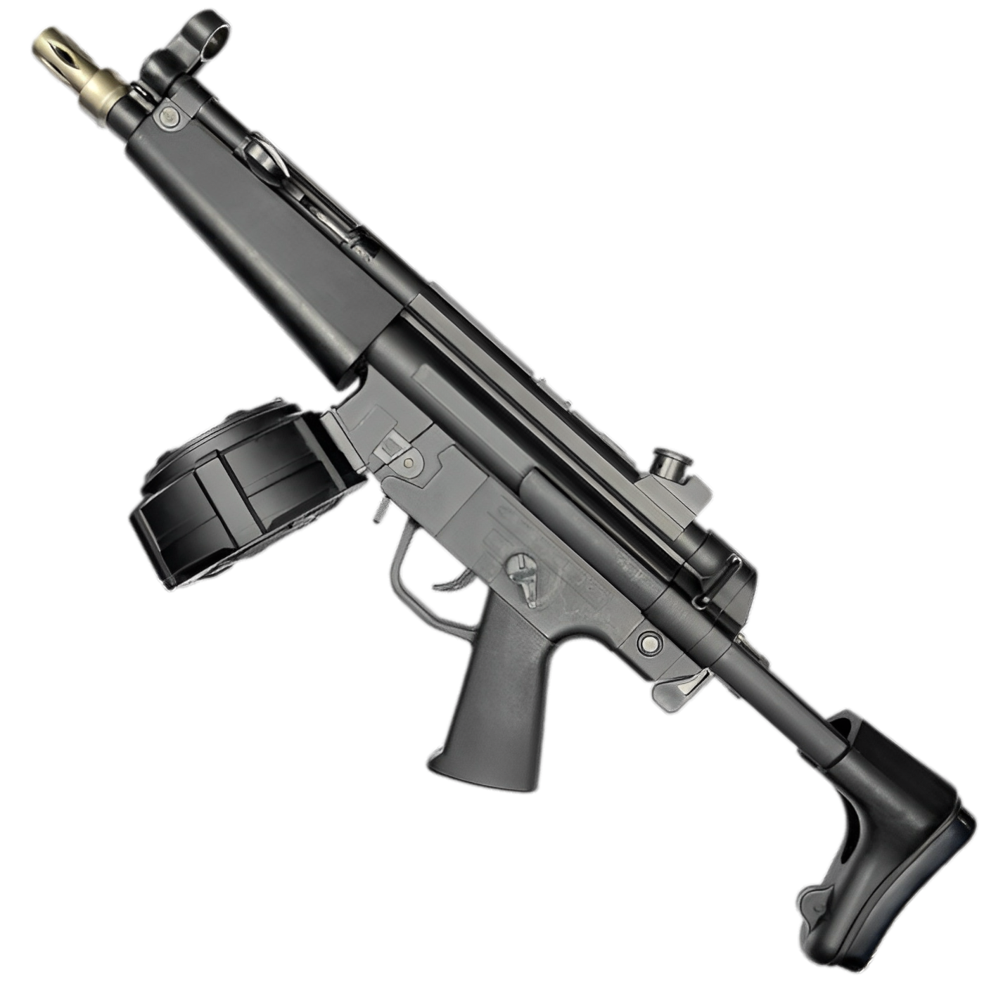 MP5 orby gun featuring realistic design, nylon build, metal components, and adjustable stock.