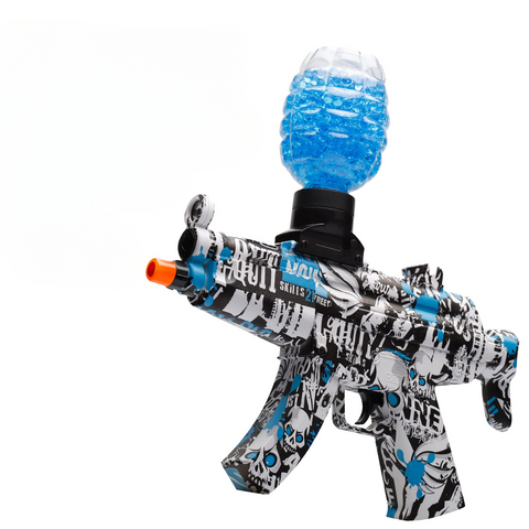 MP5 orby gun featuring hopper-fed system, ABS build, nylon gearbox, and fully automatic firing in blue.