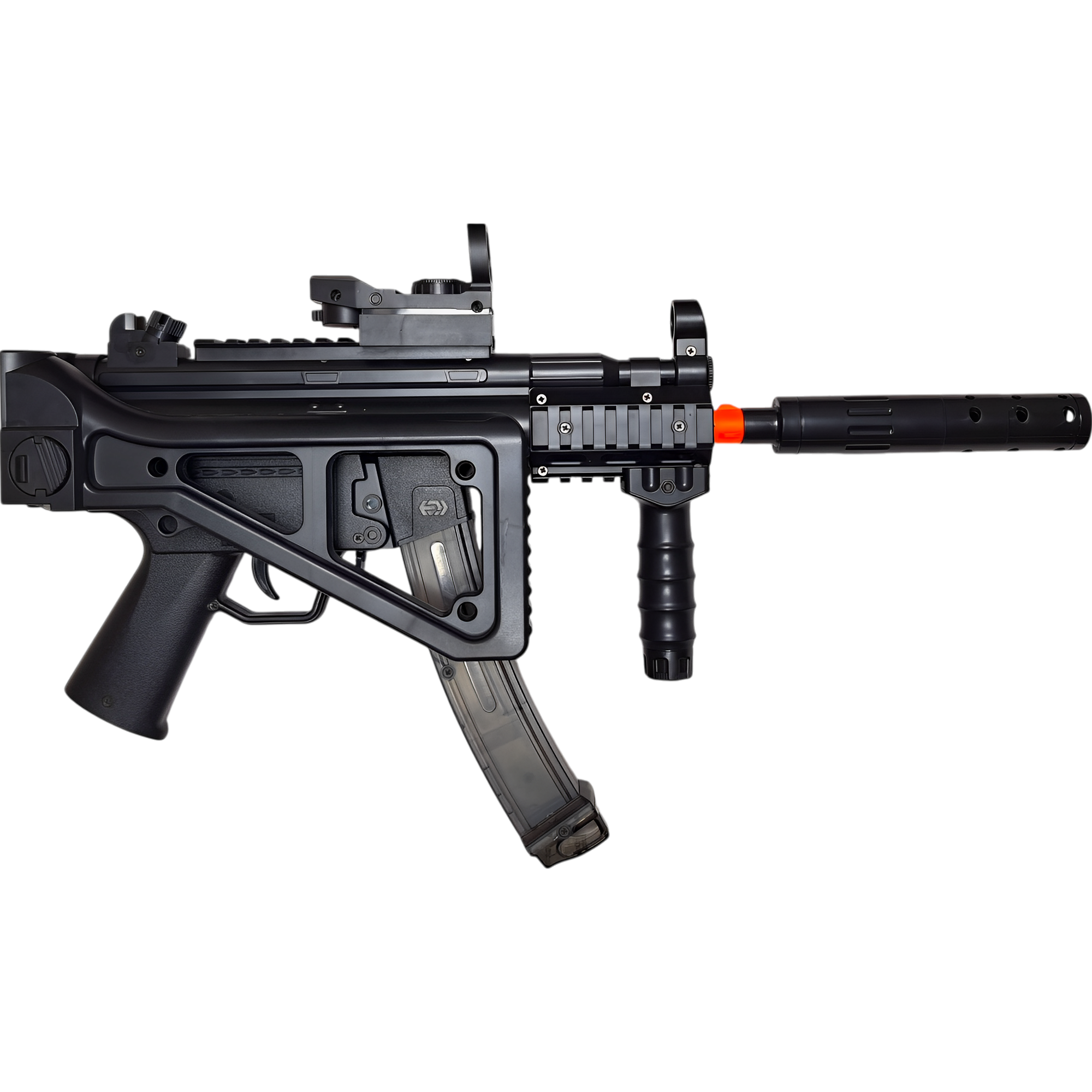 Compact MP5K gel blaster in black with automatic/manual modes.