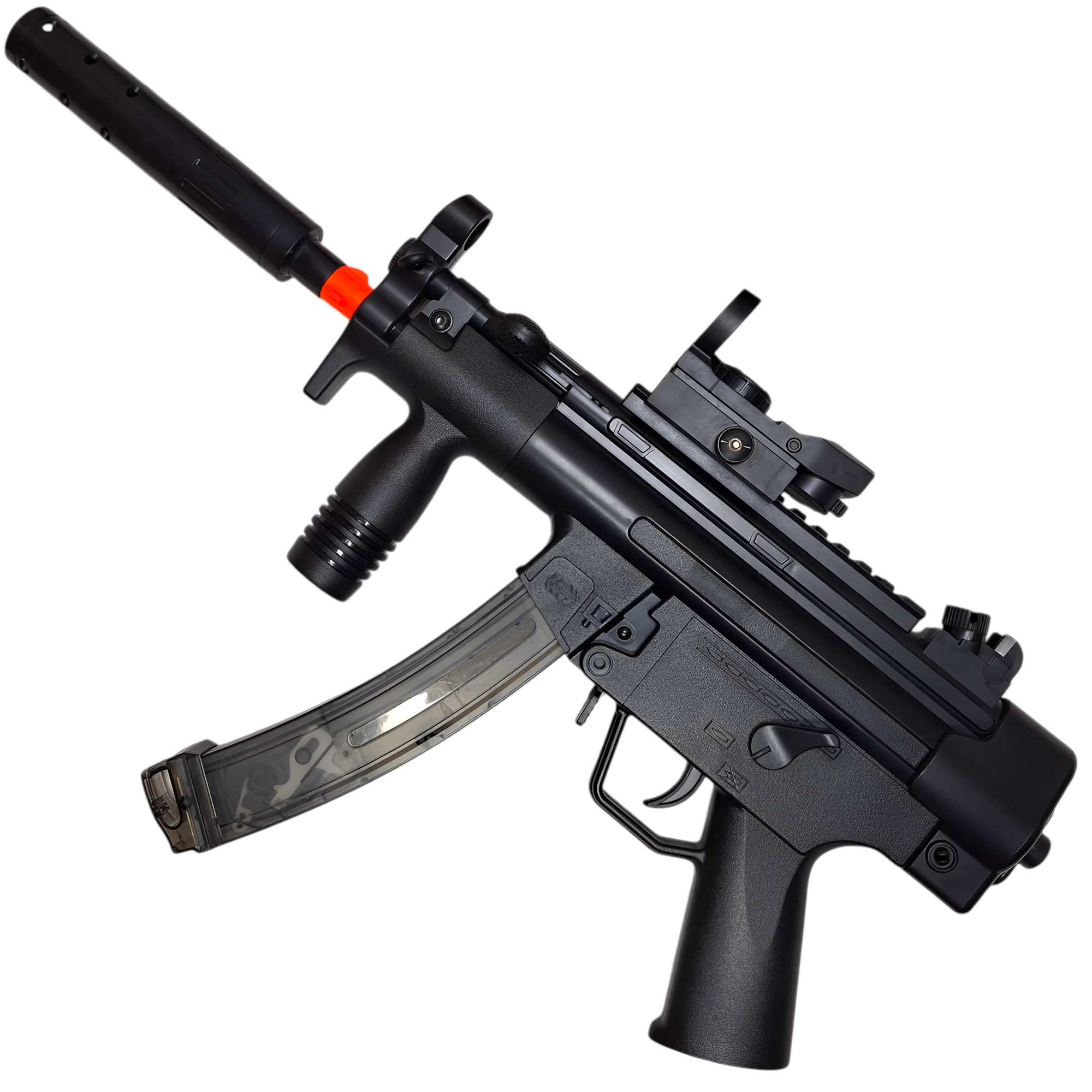 MP5K short gel blaster by XYL in black finish, featuring automatic and manual firing modes with durable ABS material.