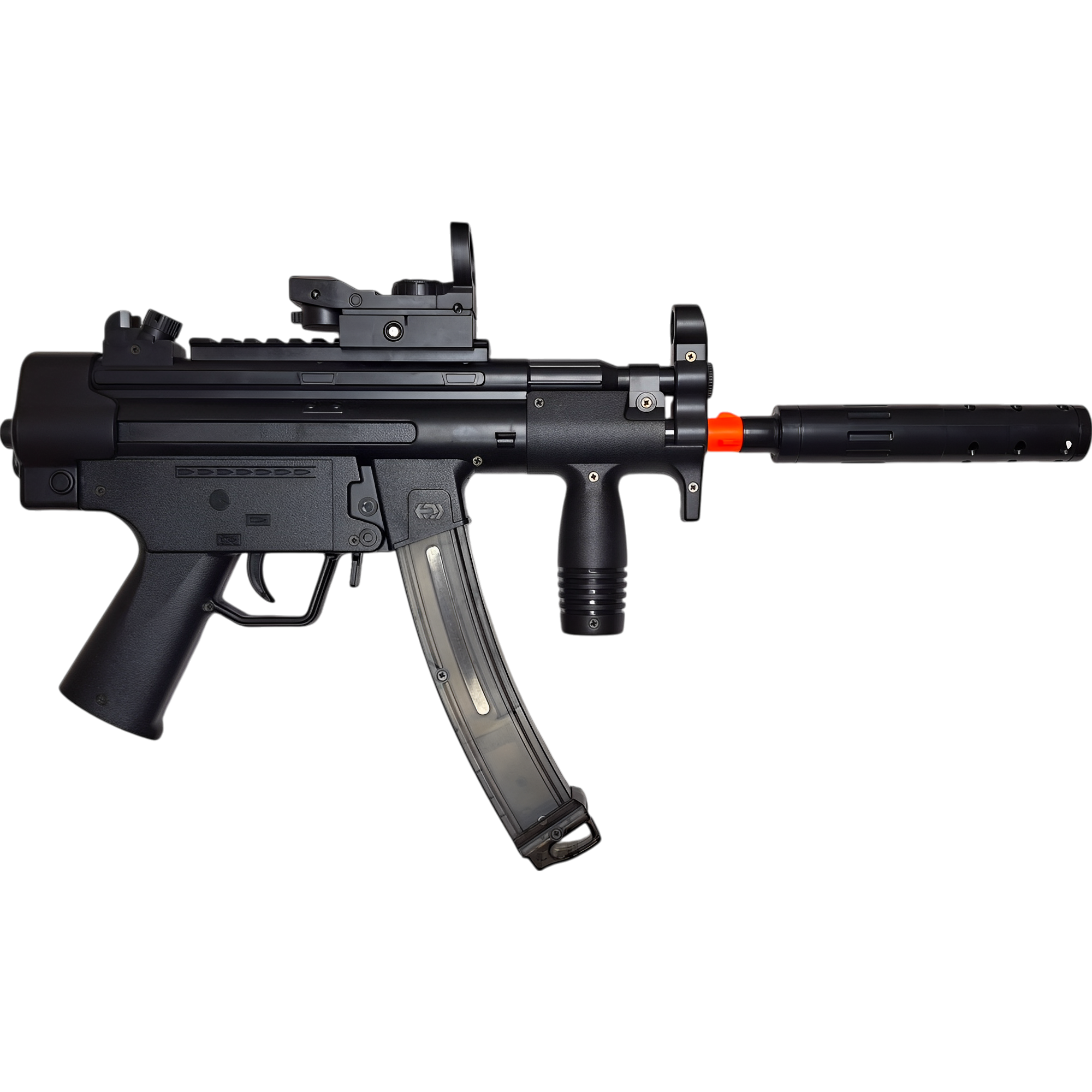 Compact MP5K gel blaster by XYL in black with fully automatic fire mode and durable ABS construction.