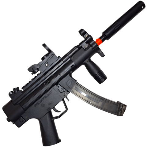 Black MP5K gel blaster by XYL with foldable stock, tactical rails, and high gel ball capacity for enhanced gameplay.