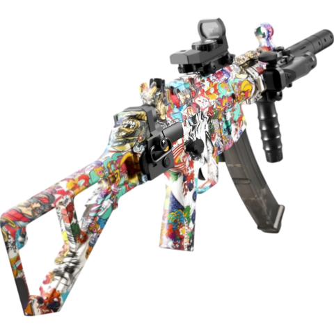 Multicolor MP5K gel blaster featuring tactical attachments, manual/automatic modes, and LED sight.