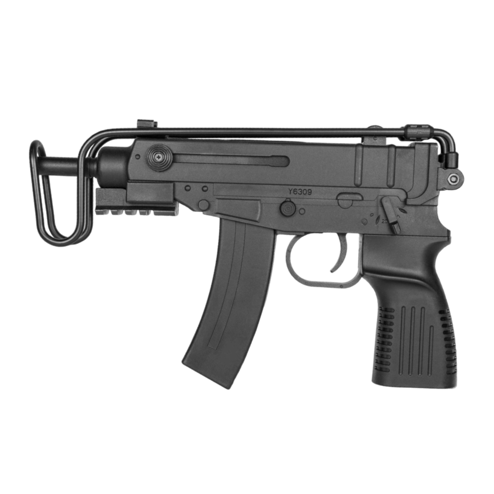 Black Scorpion VZ-61 gel blaster with foldable metal stock, semi/full-auto modes, and nylon construction.