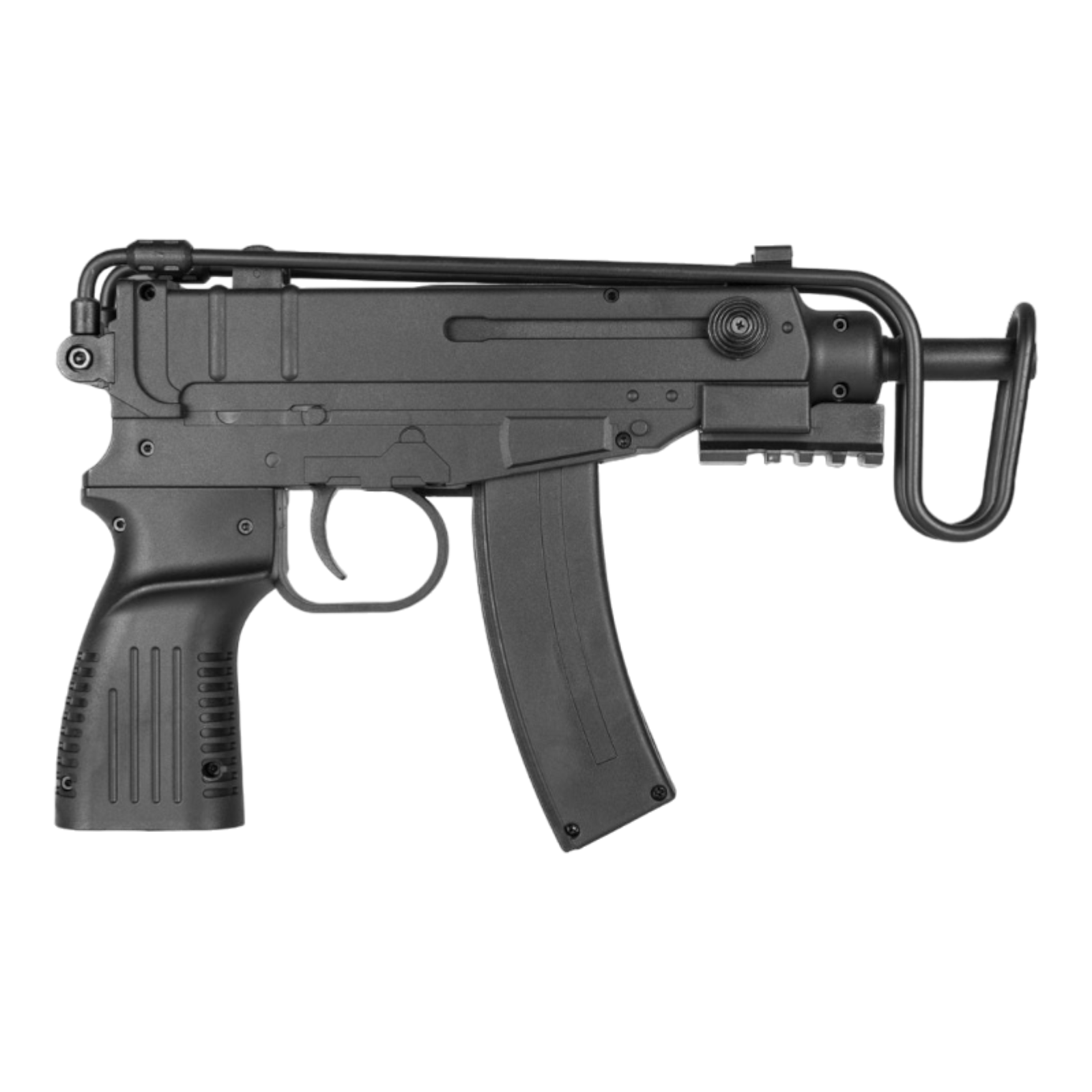 Black VZ-61 gel blaster with realistic design, foldable stock, and front/rear sights for precision shooting.