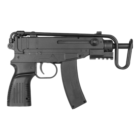 Black VZ-61 gel blaster with realistic design, foldable stock, and front/rear sights for precision shooting.