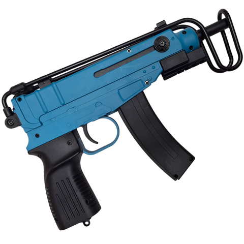 Scorpion VZ-61 gel blaster in blue with stick and drum magazines, front/rear sights, and nylon construction.