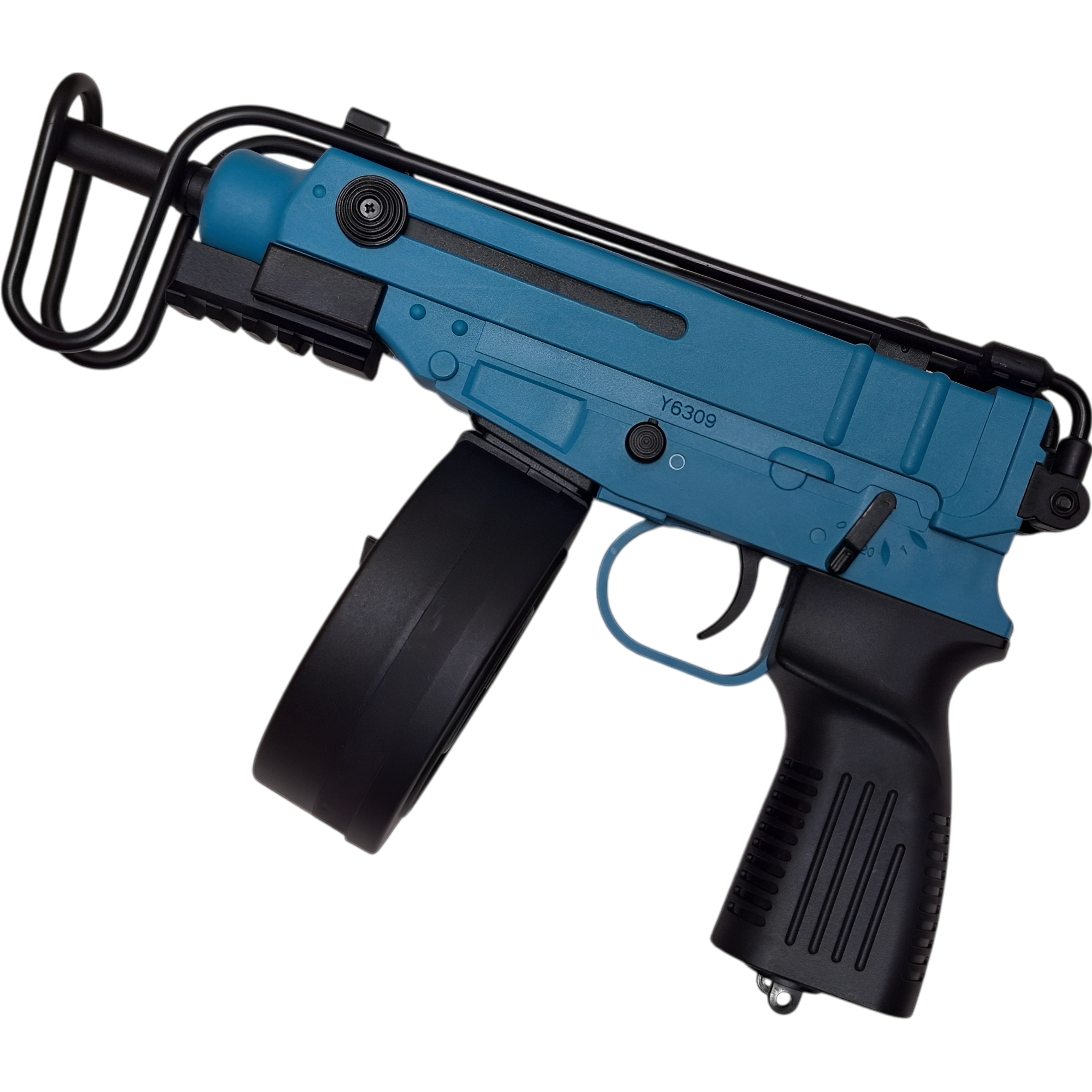 Blue Scorpion VZ-61 gel blaster with adjustable firing modes, metal stock, and efficient magazine exchange.