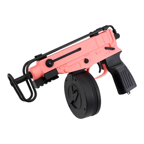 Pink Scorpion VZ-61 gel blaster with foldable stock, drum and stick magazine, and 7.4V LiPo battery.