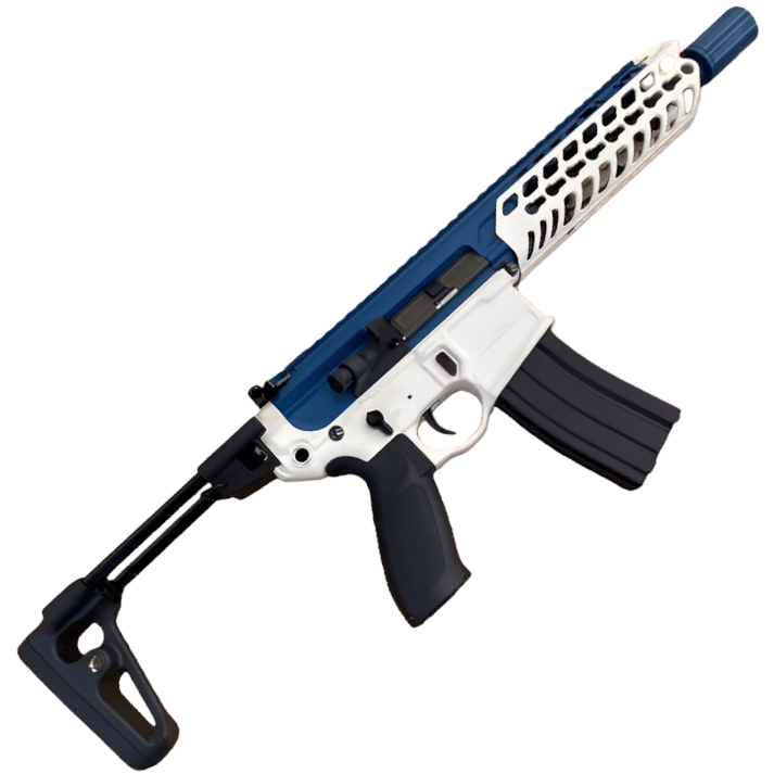 Lehui SIG MCX gel blaster in blue with durable build, rechargeable battery, and combat goggles included.