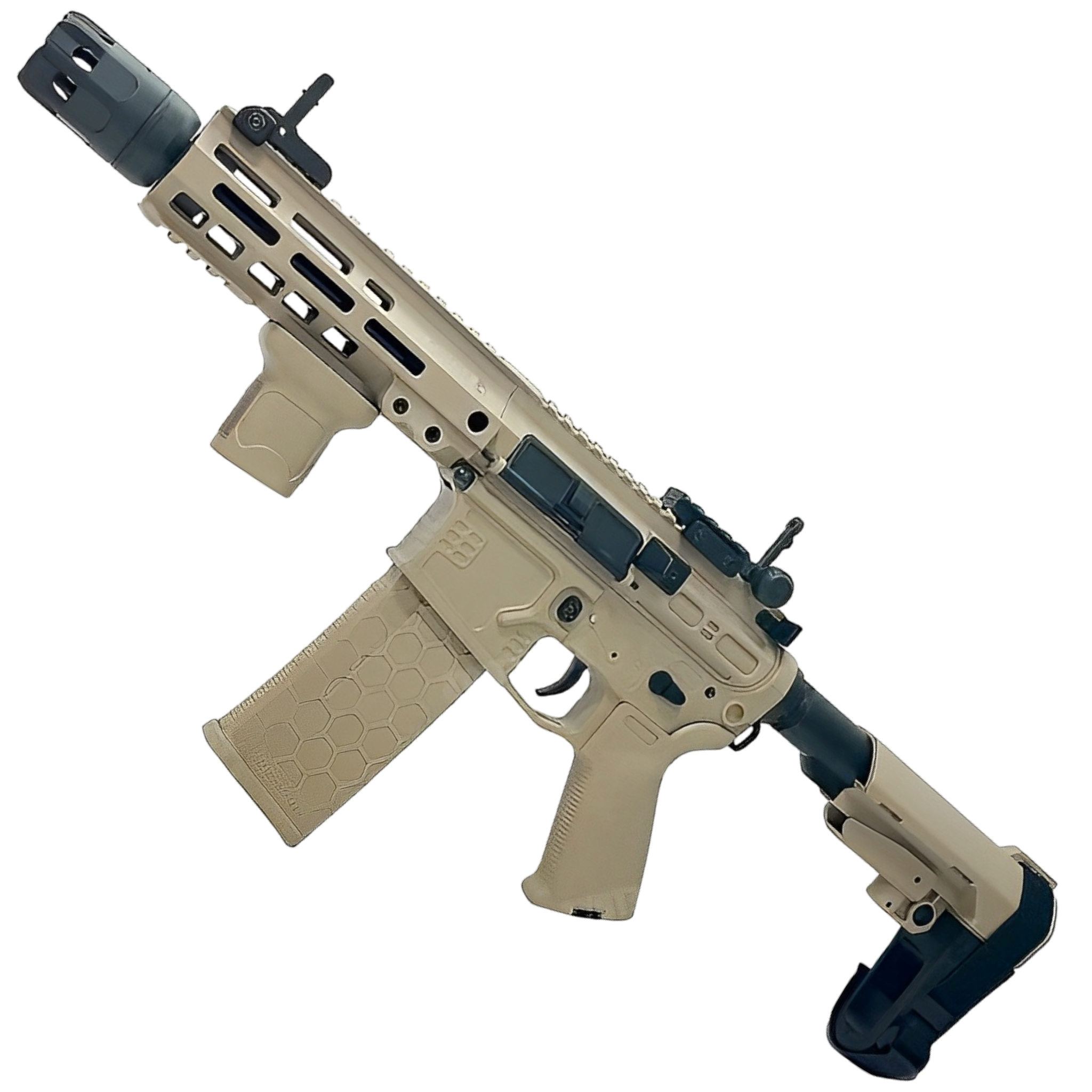 SLR 2.0 gel blaster in sand finish with adjustable stock, front grip, and semi/full-auto fire modes.