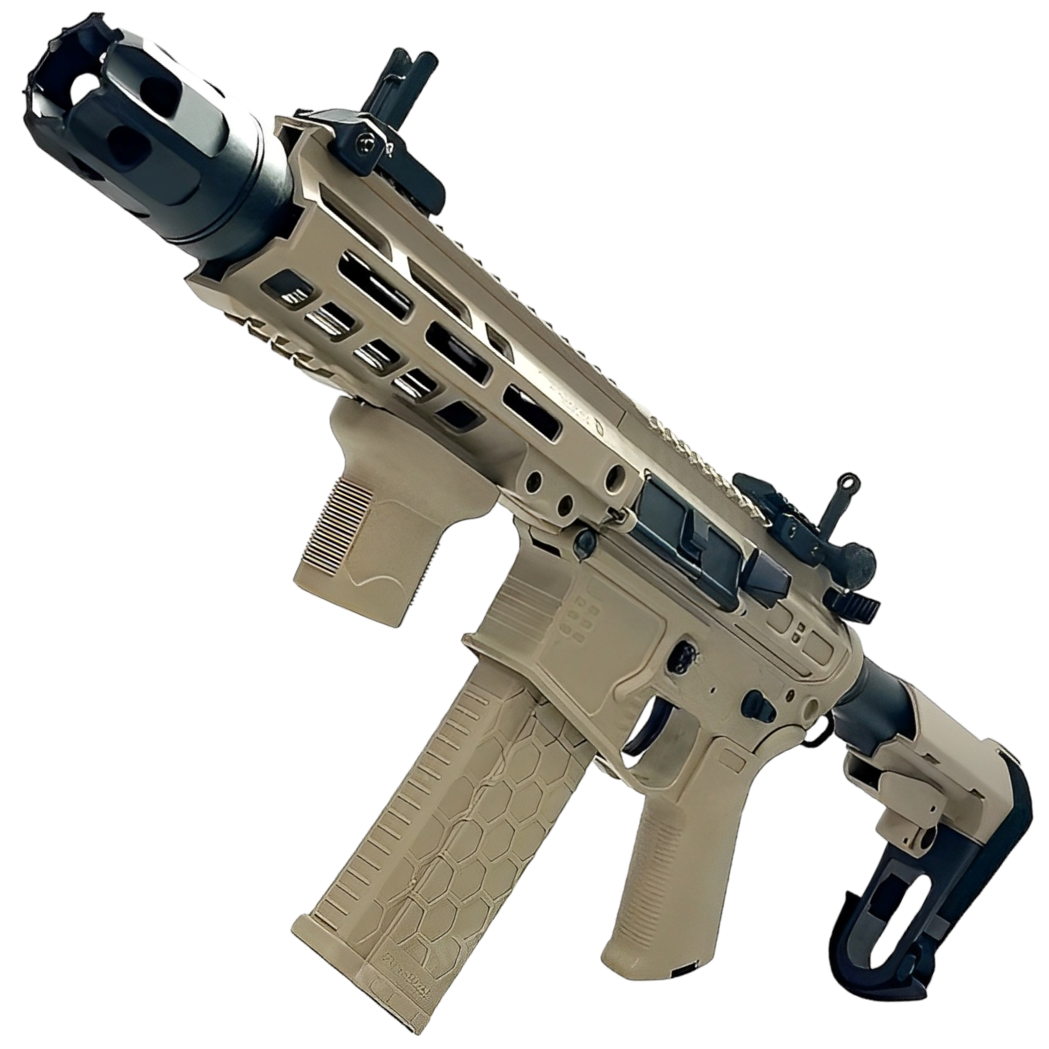 SLR 2 gel blaster in sand color, equipped with full-auto, semi-auto, and safe fire modes.